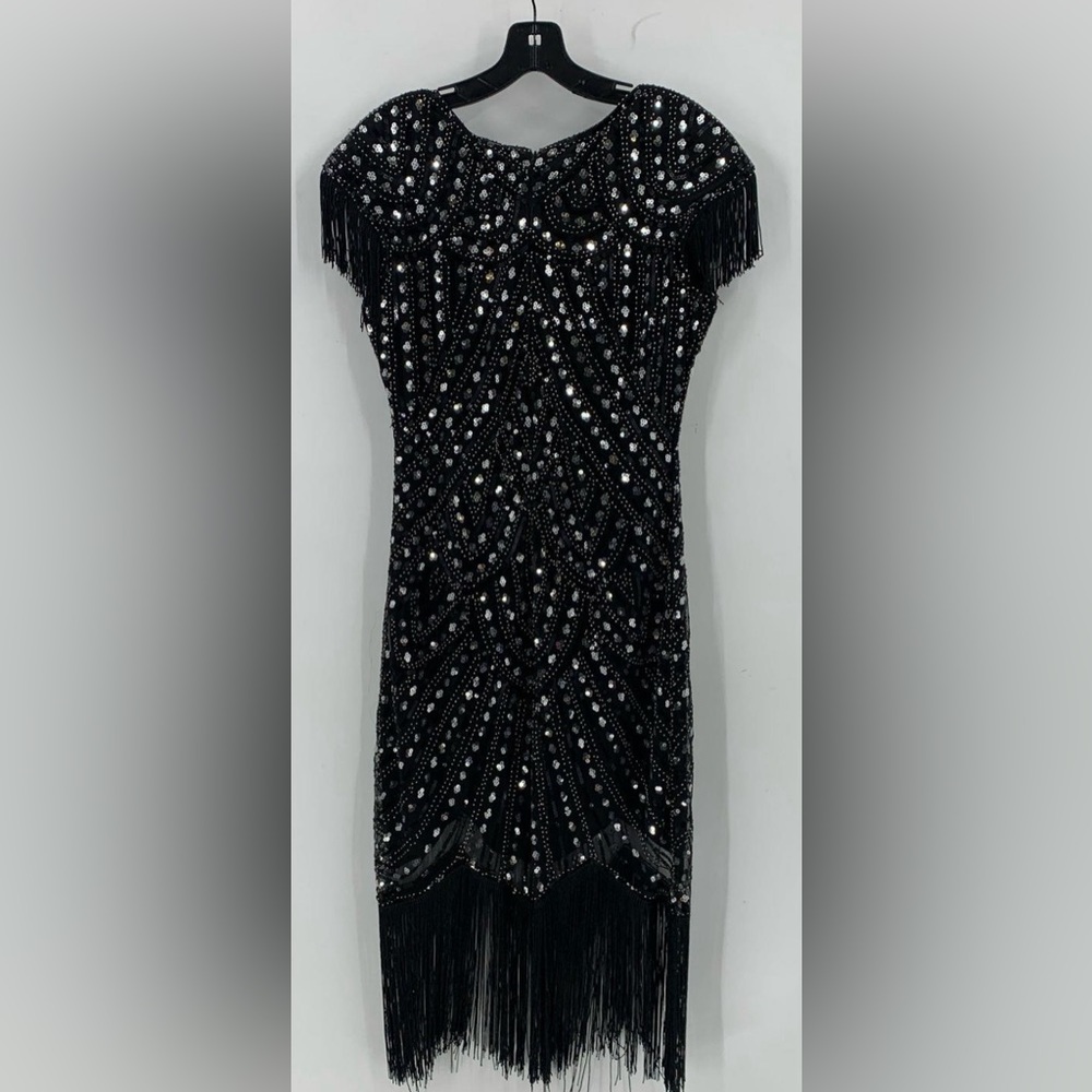 Fundaisy Womens Black Short Sleeve Sequin Fringe Cocktail Sheath Dress Large - Picture 1 of 4